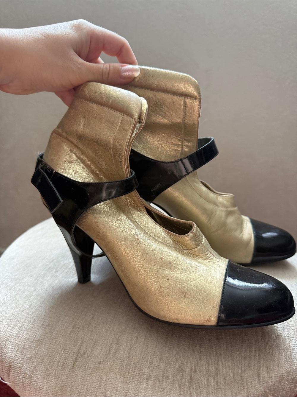 CHANEL Black and Gold Mary Jane Heels EU38